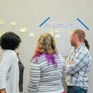 Class participants collaborating around a group of sticky notes