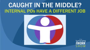 Image of a product owner in front of three concentric circles. Text says Caught in the middle in large font, then Internal PO's have a different job in smaller font