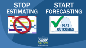 Humanizing Work Show Episode 195 thumbnail. Left side: red ‘STOP ESTIMATING’ over a messy Gantt chart with a red slash. Right side: green ‘START FORECASTING – PAST OUTCOMES’ over a clean probability curve with a green check mark.