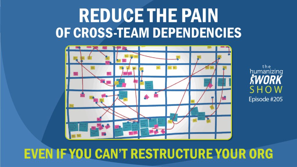 A blue Humanizing Work Show thumbnail titled “Reduce the Pain of Cross-Team Dependencies — Even if You Can’t Restructure Your Org.” The background shows a messy SAFe-style program board covered in sticky notes and red dependency lines, representing tangled cross-team dependencies.